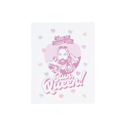 Card with a stylized illustration of a person and text 'Sun Queen' on a white background