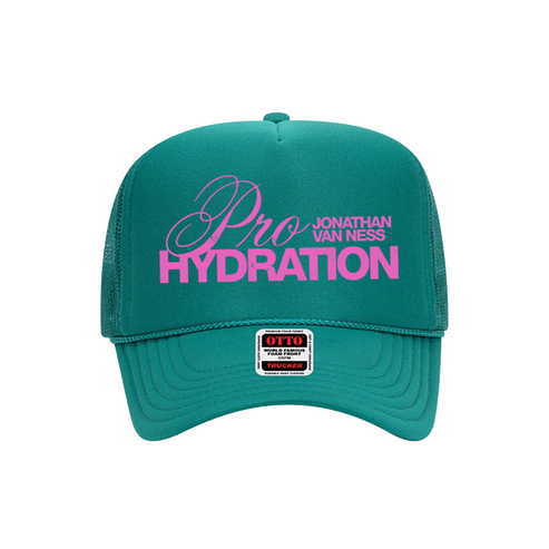 Jonathan Van Ness Pro Hydration teal green trucker hat with pink text on the front reading 'Pro Hydration' and 'Jonathan Van Ness'