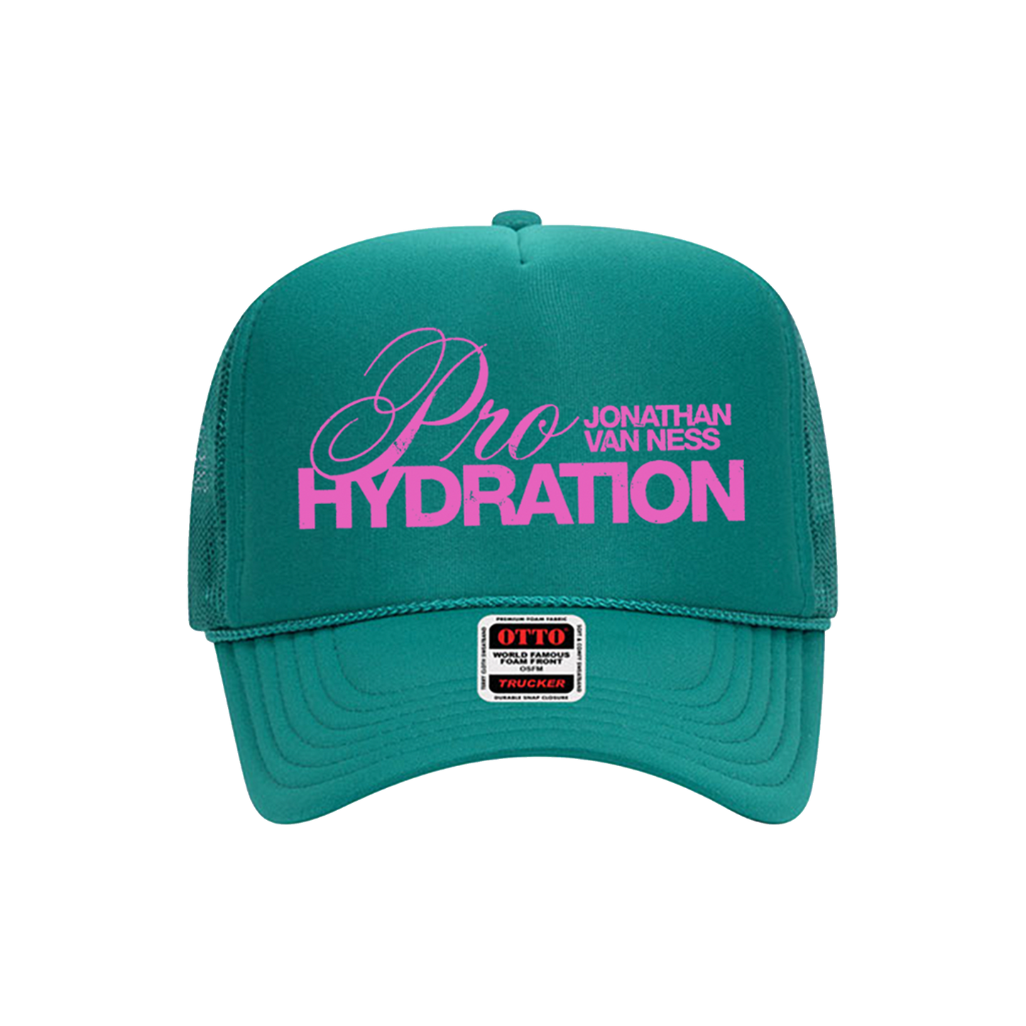 Jonathan Van Ness Pro Hydration teal green trucker hat with pink text on the front reading 'Pro Hydration' and 'Jonathan Van Ness'