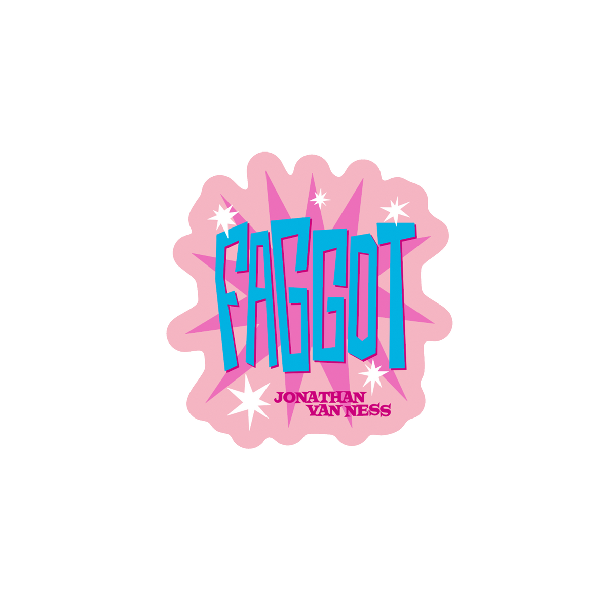 Jonathan Van Ness sticker set against a pink starburst background with white sparkles. 