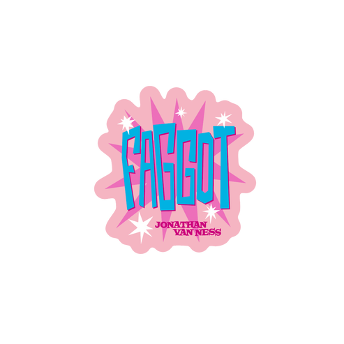 Jonathan Van Ness sticker set against a pink starburst background with white sparkles. 
