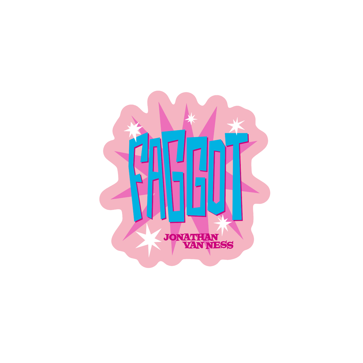 Jonathan Van Ness sticker set against a pink starburst background with white sparkles. 