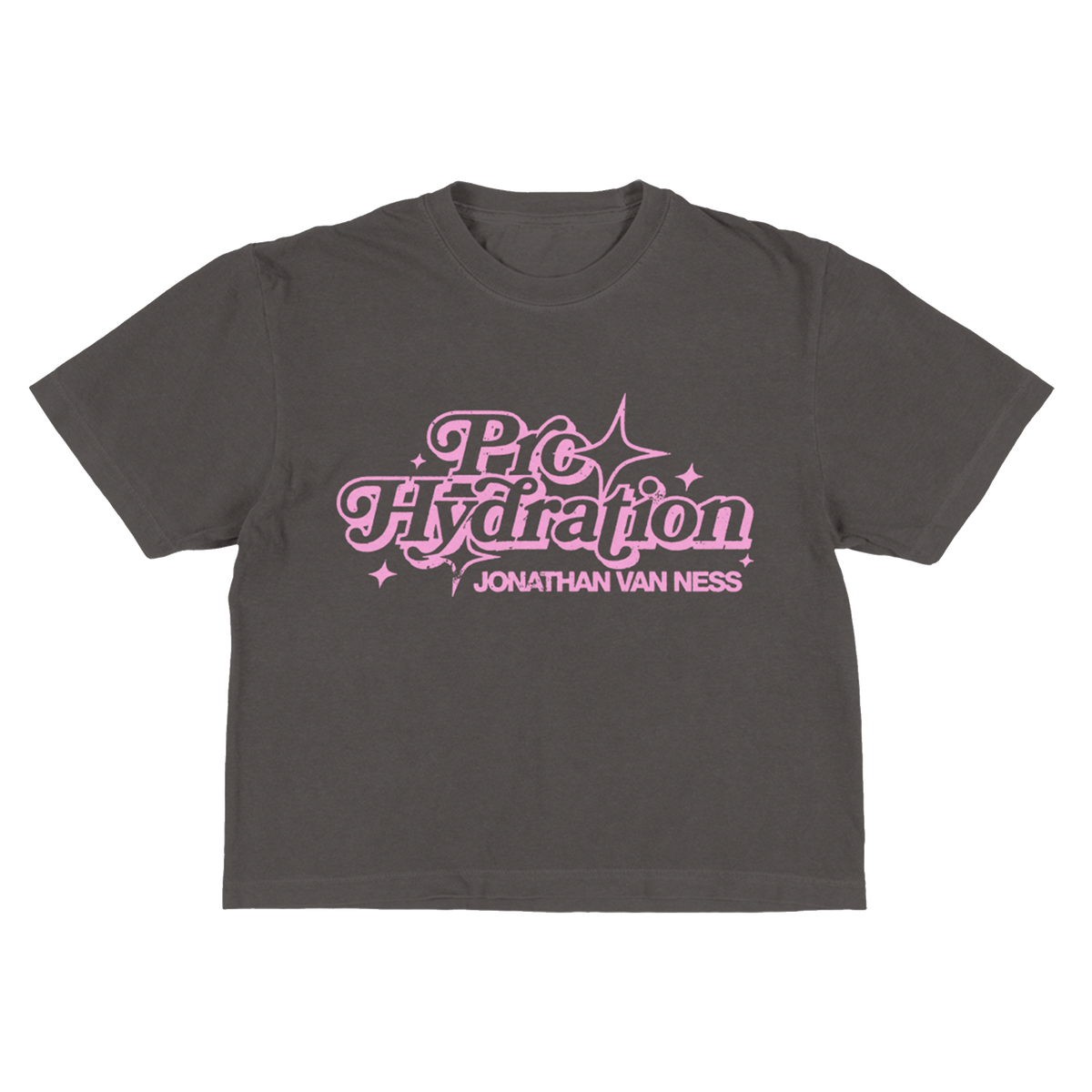 Jonathan Van Ness gray Pro Hydration Cropped Tee featuring a pink graphic on the front that reads 'Pro Hydration' and 'JONATHAN VAN NESS'.