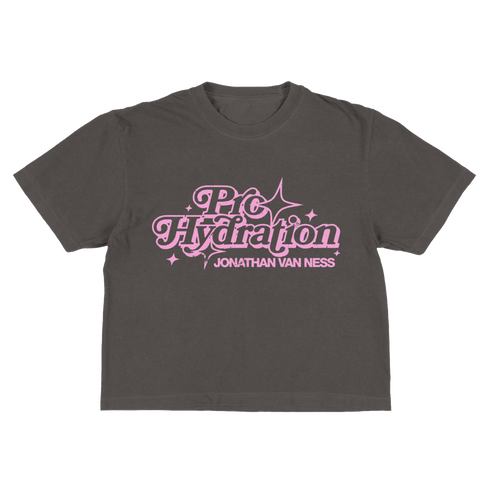 Jonathan Van Ness gray Pro Hydration Cropped Tee featuring a pink graphic on the front that reads 'Pro Hydration' and 'JONATHAN VAN NESS'.
